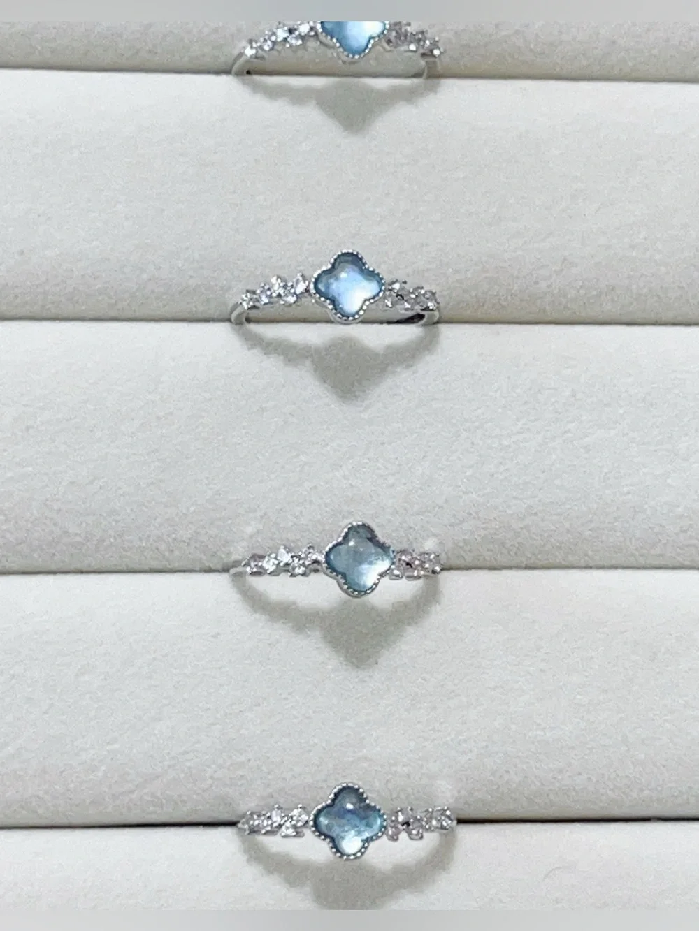 Natural Blue Aquamarine Four-Leaf Clover Ring Silver Plated Dainty Open Ring